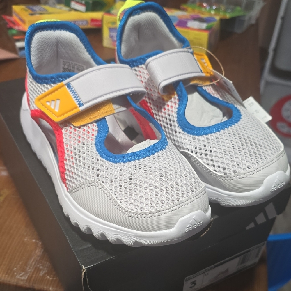 Kids Adidas Summerflex  White Sneakers with Blue & Yellow Accents